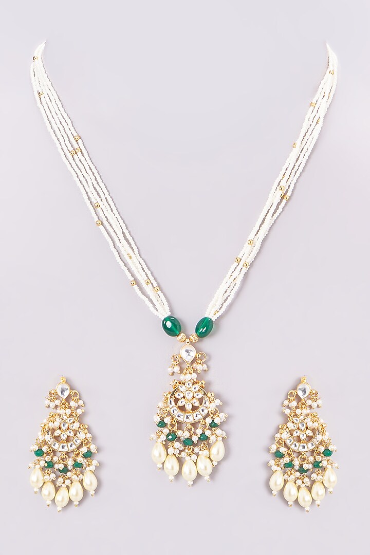 Gold Finish Kundan Polki & Green Stone Long Necklace Set by VASTRAA Jewellery at Pernia's Pop Up Shop
