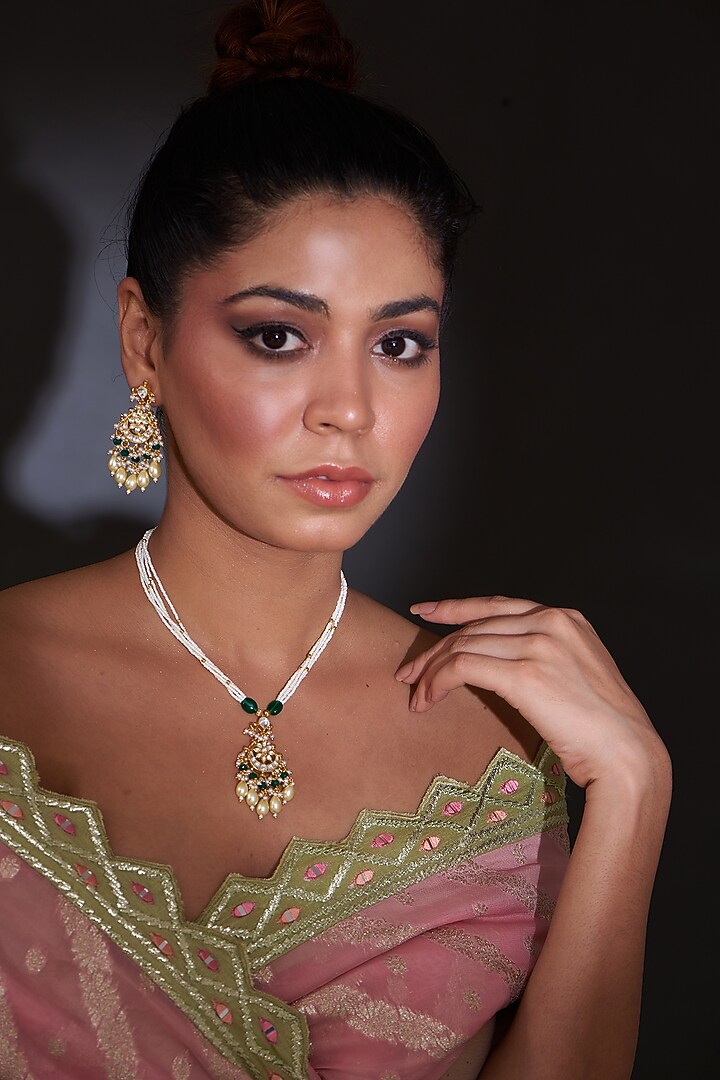 Gold Finish Kundan Polki & Green Stone Long Necklace Set by VASTRAA Jewellery at Pernia's Pop Up Shop