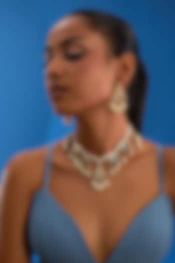 Gold Finish Kundan Polki & Green Stone Necklace Set by VASTRAA Jewellery at Pernia's Pop Up Shop