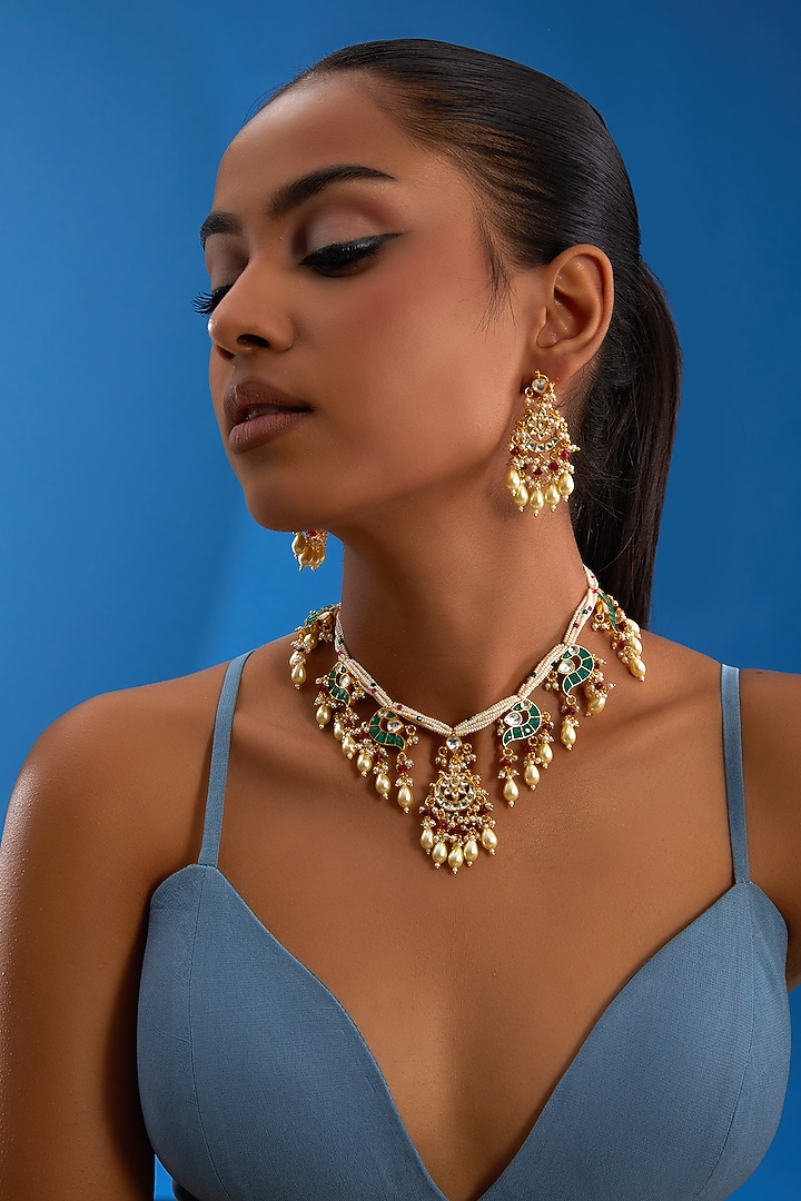 Gold Finish Kundan Polki & Green Stone Necklace Set by VASTRAA Jewellery at Pernia's Pop Up Shop