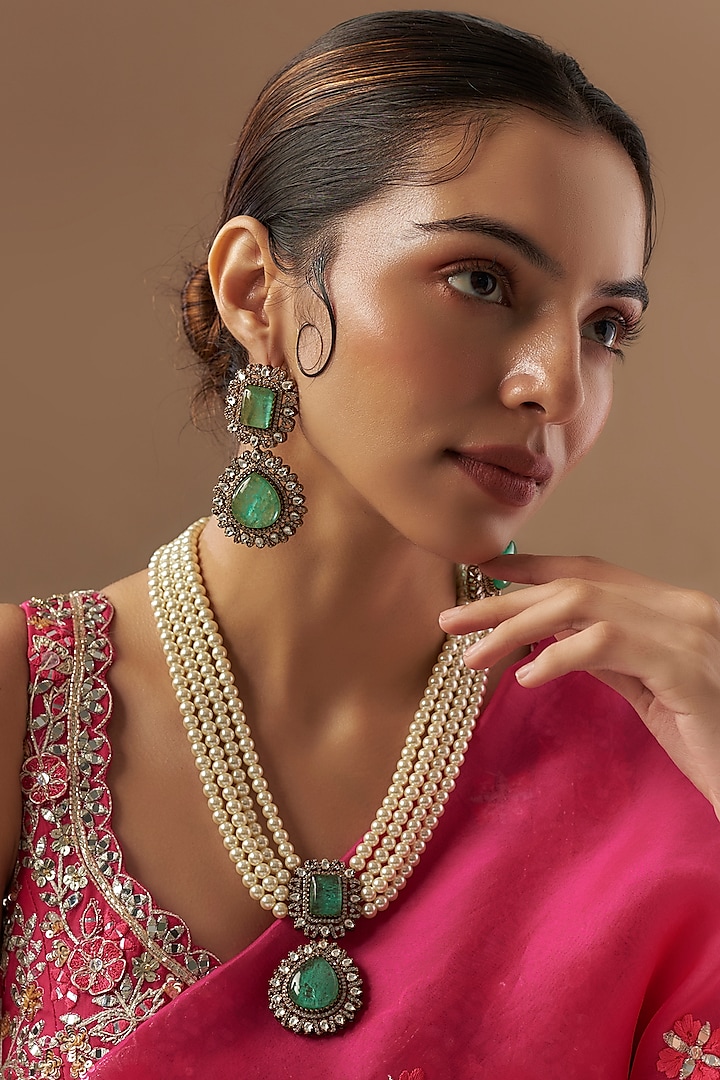 Gold Finish Kundan Polki & Emerald Stone Long Necklace Set by VASTRAA Jewellery at Pernia's Pop Up Shop