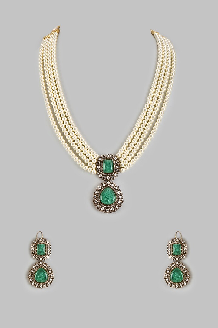 Gold Finish Kundan Polki & Emerald Stone Long Necklace Set by VASTRAA Jewellery at Pernia's Pop Up Shop