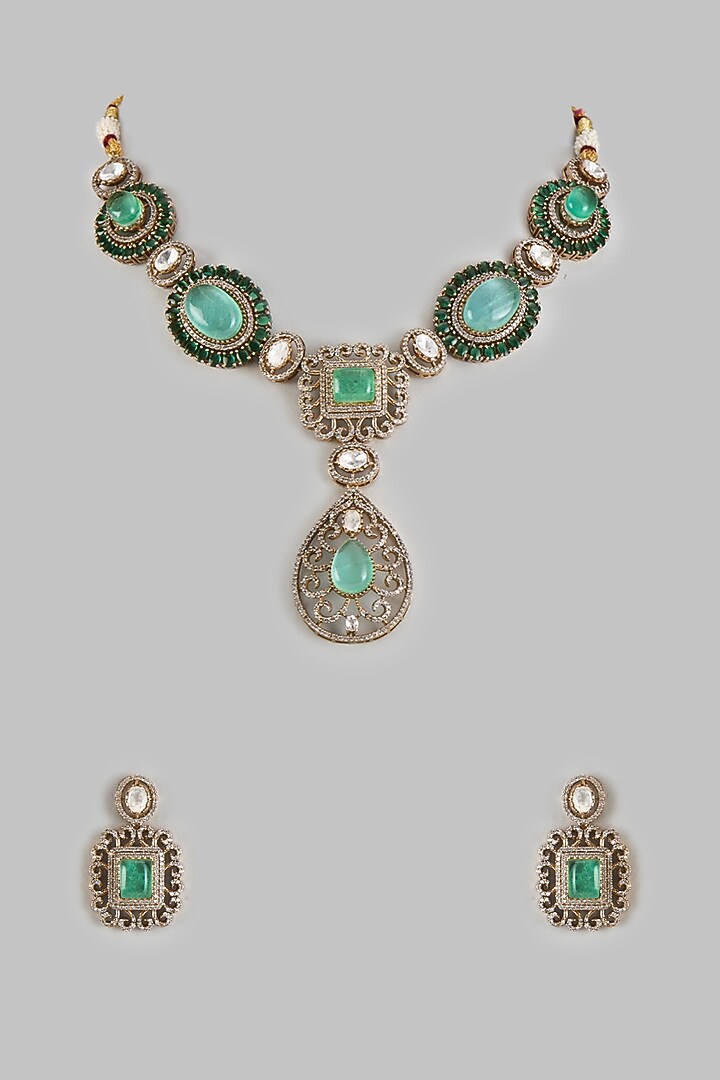 Gold Finish Kundan Polki & Emerald Stone Necklace Set by VASTRAA Jewellery at Pernia's Pop Up Shop