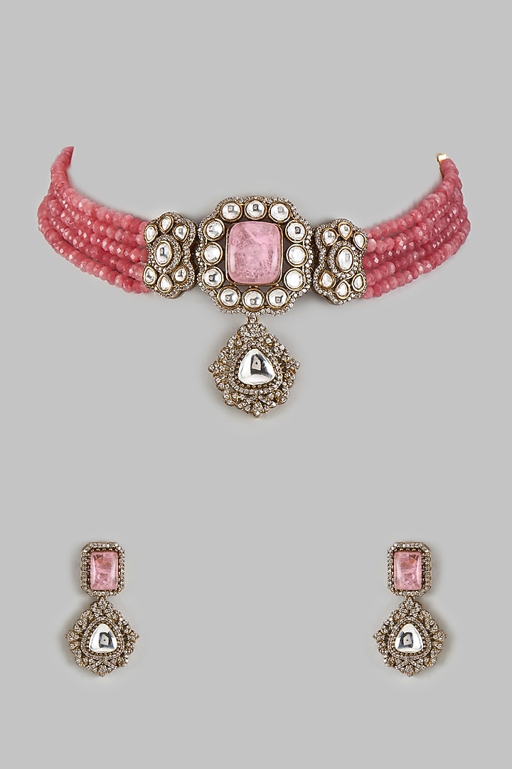 Gold Finish Kundan Polki & Ruby Stone Choker Necklace Set by VASTRAA Jewellery at Pernia's Pop Up Shop