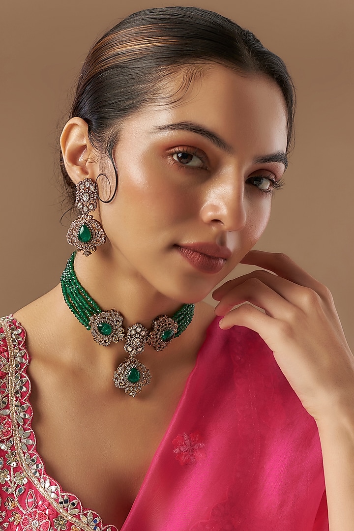 Gold Finish Kundan Polki & Emerald Stone Choker Necklace Set by VASTRAA Jewellery