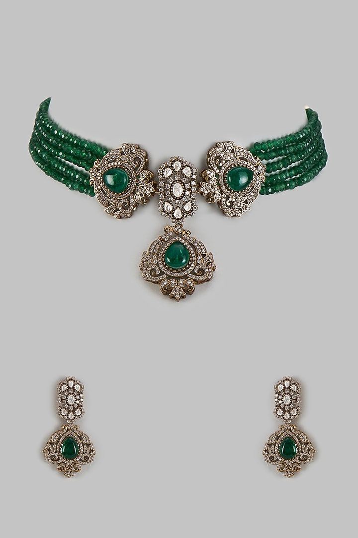 Gold Finish Kundan Polki & Emerald Stone Choker Necklace Set by VASTRAA Jewellery at Pernia's Pop Up Shop