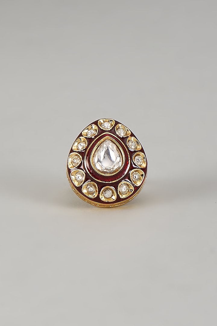 Gold Finish Kundan Polki Ring by VASTRAA Jewellery