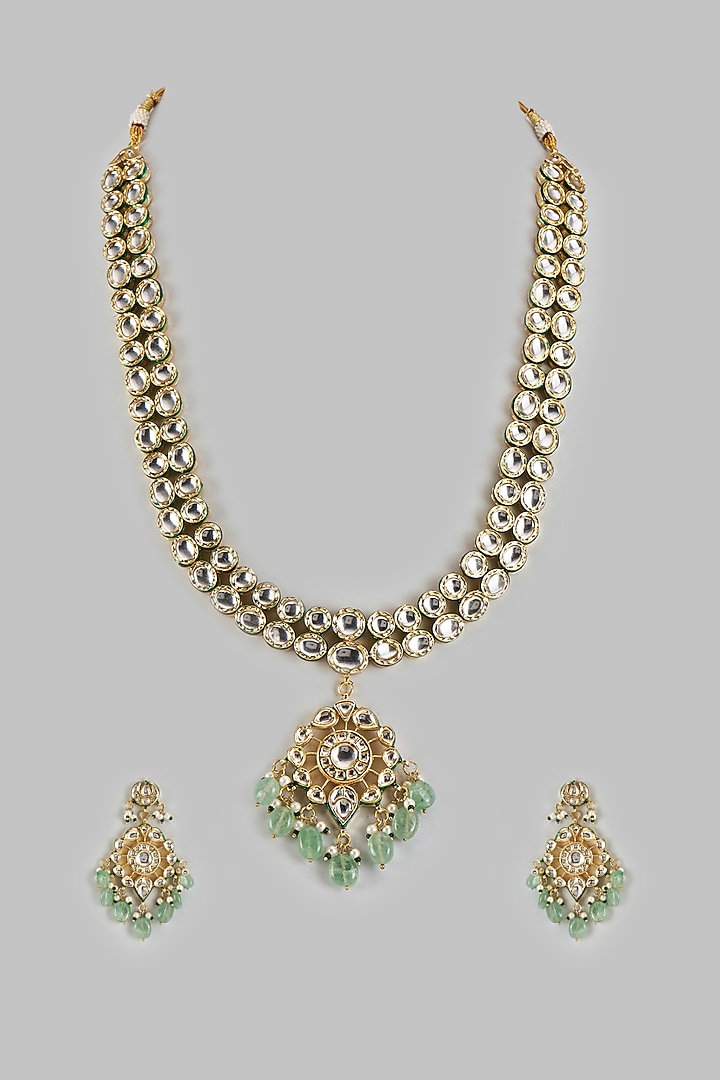 Gold Finish Kundan Polki & Emerald Stone Long Necklace Set by VASTRAA Jewellery at Pernia's Pop Up Shop