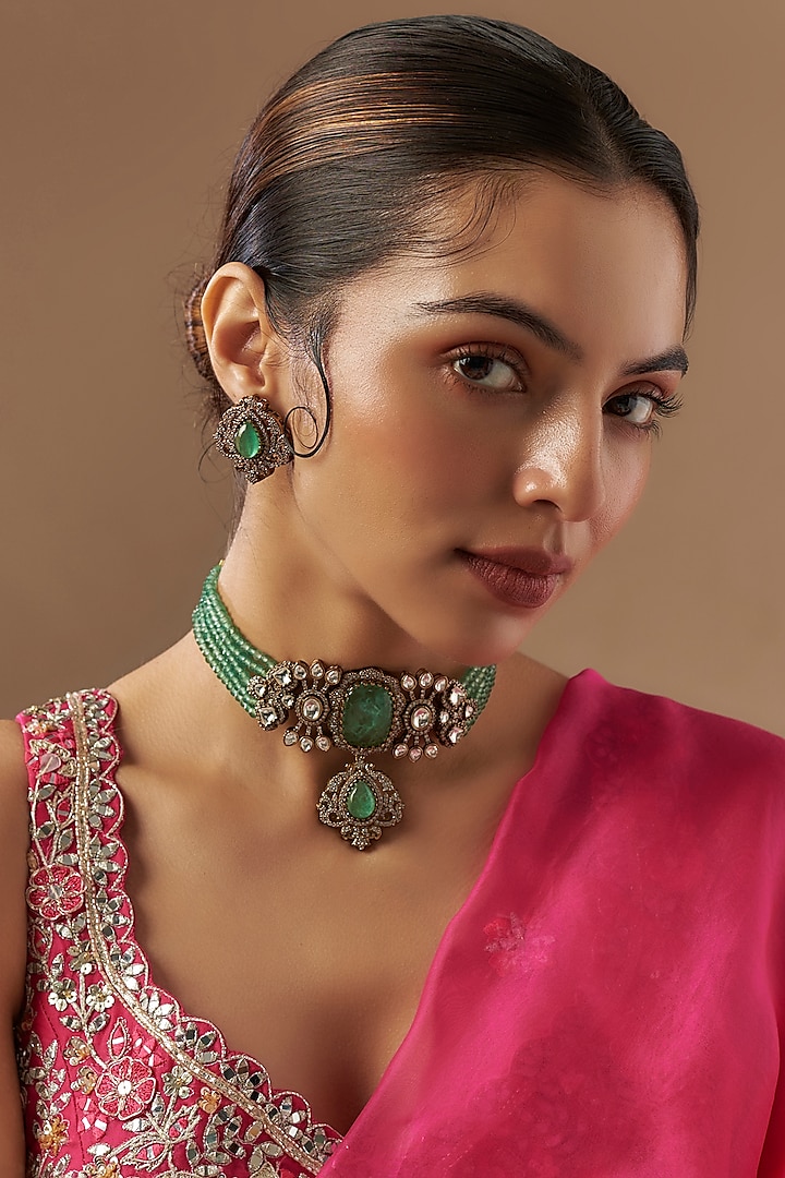 Gold Finish Kundan Polki & Emerald Stone Choker Necklace Set by VASTRAA Jewellery