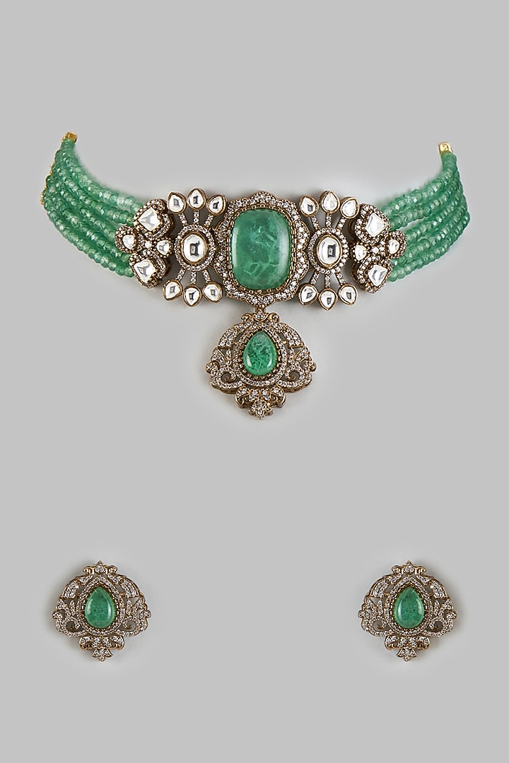 Gold Finish Kundan Polki & Emerald Stone Choker Necklace Set by VASTRAA Jewellery at Pernia's Pop Up Shop