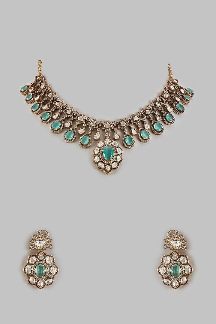 Gold Finish Kundan Polki & Emerald Stone Necklace Set by VASTRAA Jewellery at Pernia's Pop Up Shop