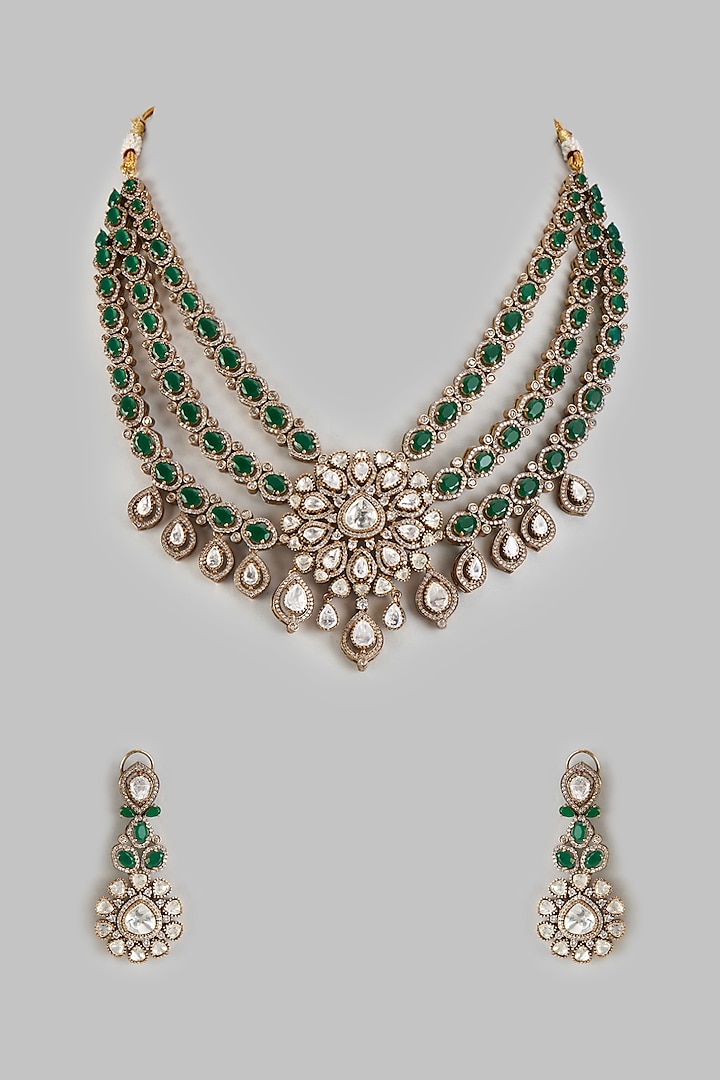 Gold Finish Kundan Polki & Emerald Stone Long Necklace Set by VASTRAA Jewellery