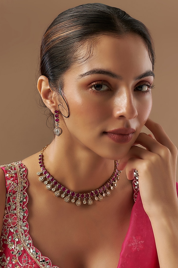 Gold Finish Kundan Polki & Ruby Stone Necklace Set by VASTRAA Jewellery