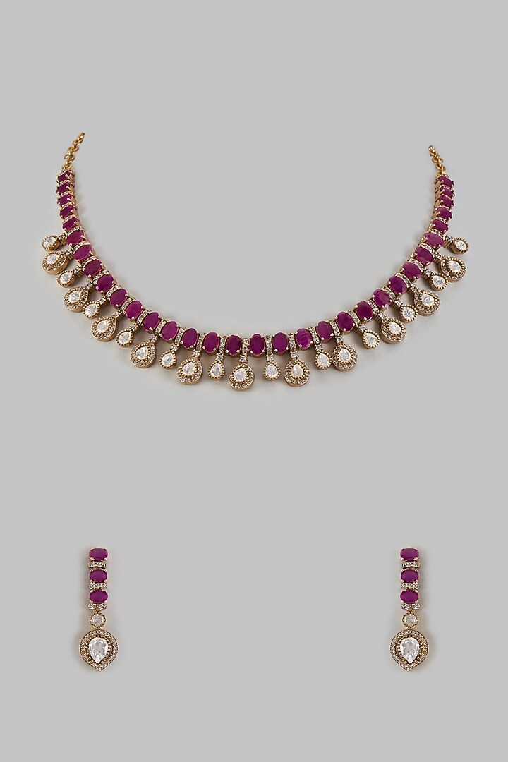 Gold Finish Kundan Polki & Ruby Stone Necklace Set by VASTRAA Jewellery at Pernia's Pop Up Shop