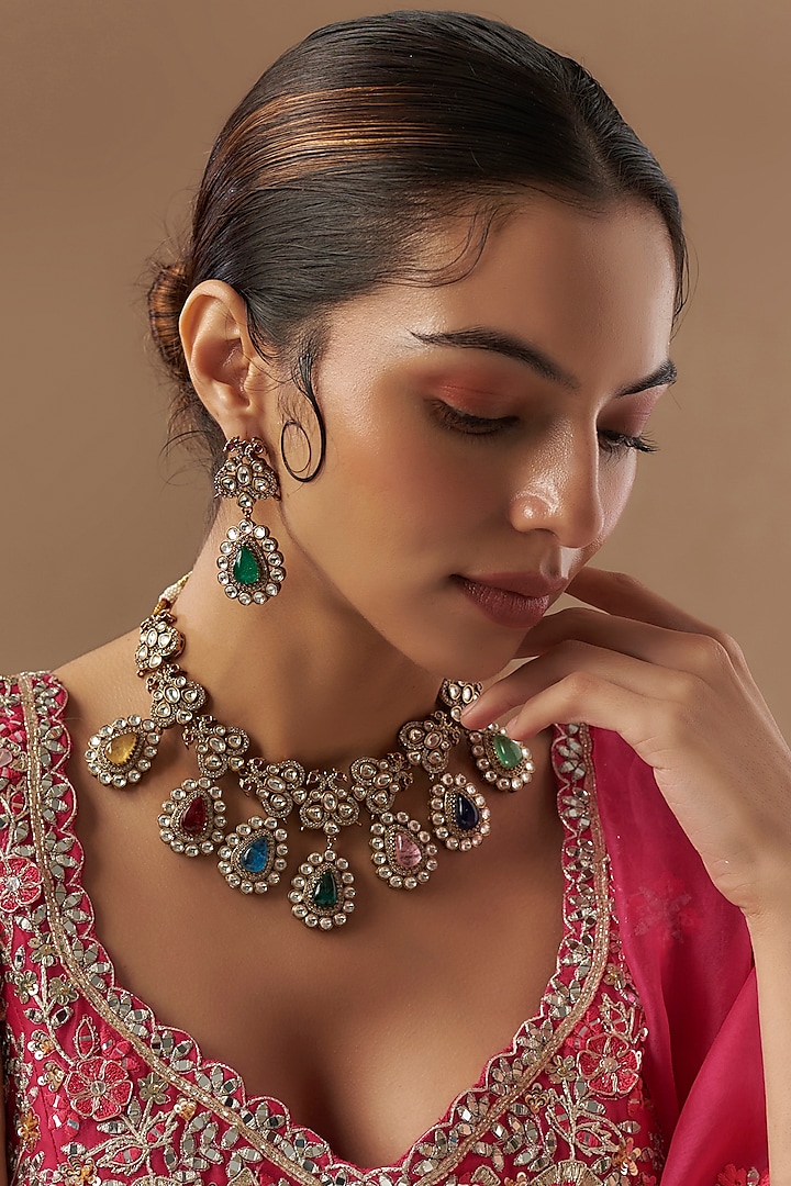 Gold Finish Kundan Polki & Multi-Colored Stone Necklace Set by VASTRAA Jewellery