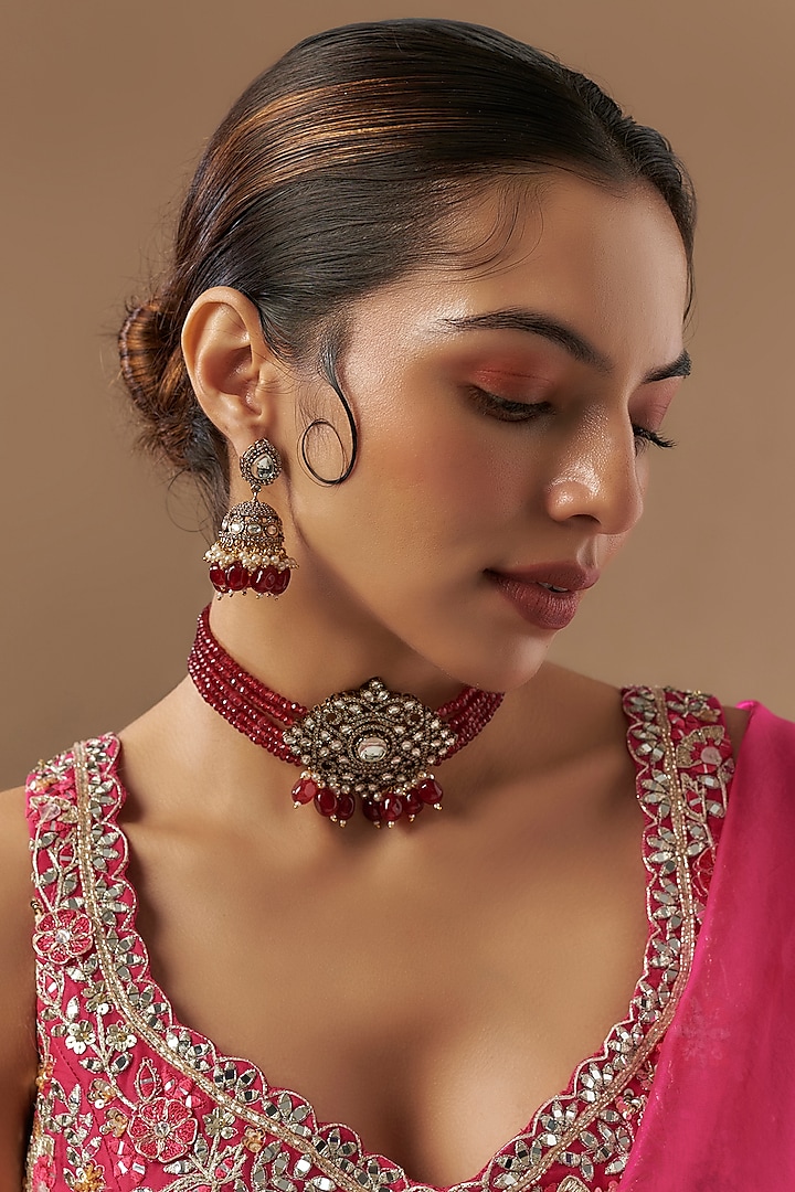 Gold Finish Kundan Polki & Ruby Stone Choker Necklace Set by VASTRAA Jewellery