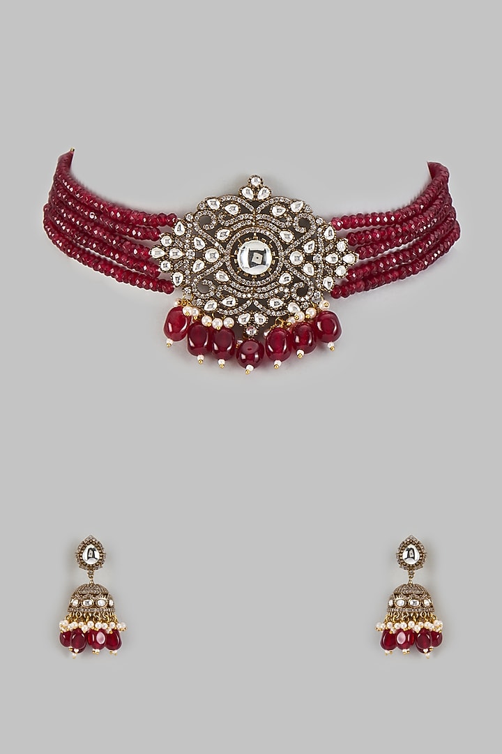 Gold Finish Kundan Polki & Ruby Stone Choker Necklace Set by VASTRAA Jewellery at Pernia's Pop Up Shop