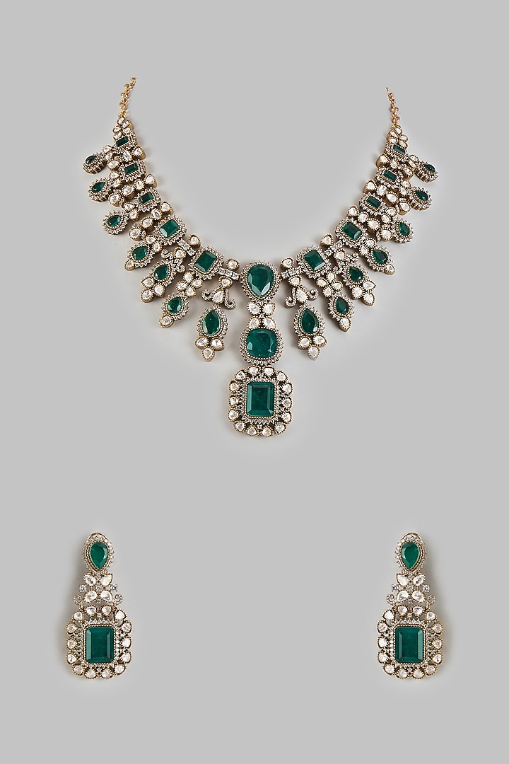 Gold Finish Kundan Polki & Emerald Stone Long Necklace Set by VASTRAA Jewellery at Pernia's Pop Up Shop
