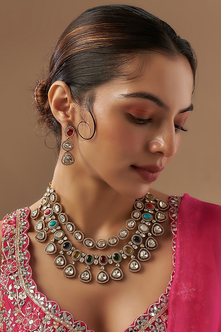 Gold Finish Kundan Polki & Multi-Colored Stone Necklace Set by VASTRAA Jewellery