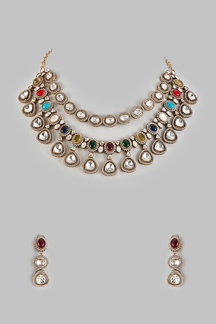 Gold Finish Kundan Polki & Multi-Colored Stone Necklace Set by VASTRAA Jewellery at Pernia's Pop Up Shop