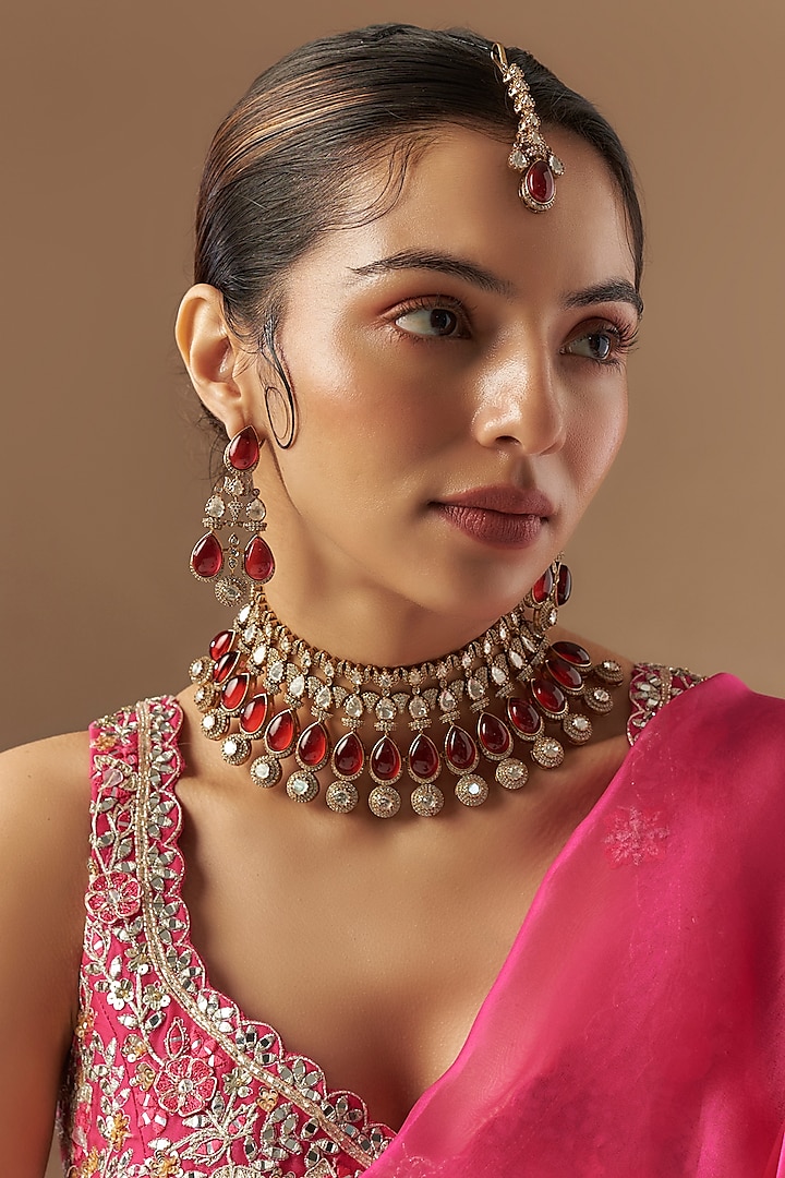 Gold Finish Kundan Polki & Ruby Stone Choker Necklace Set by VASTRAA Jewellery at Pernia's Pop Up Shop