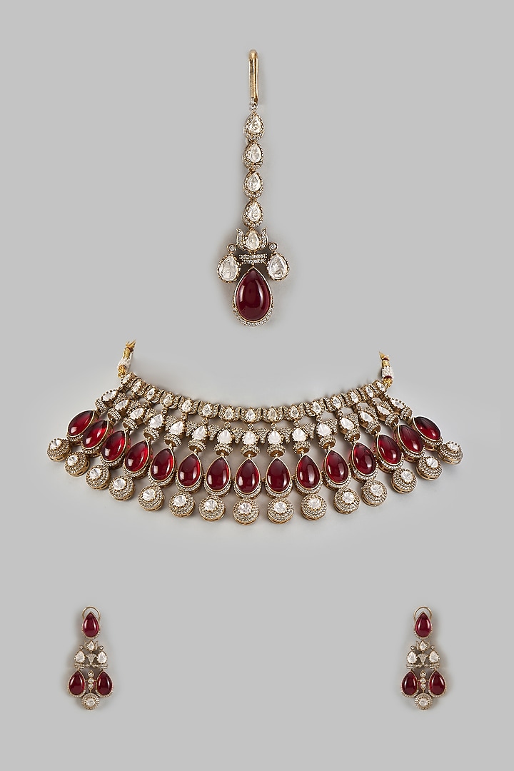 Gold Finish Kundan Polki & Ruby Stone Choker Necklace Set by VASTRAA Jewellery at Pernia's Pop Up Shop
