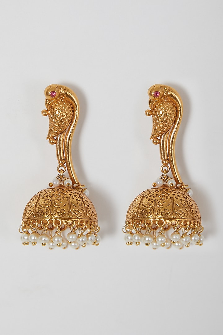 Gold Finish Pearl Filigree Jhumka Earrings by VASTRAA Jewellery at Pernia's Pop Up Shop