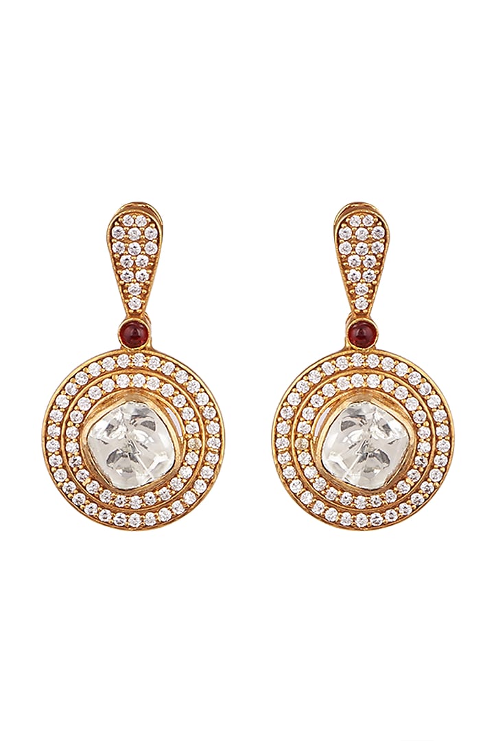 Gold Finish Zircon & Kundan Polki Earrings by VASTRAA Jewellery