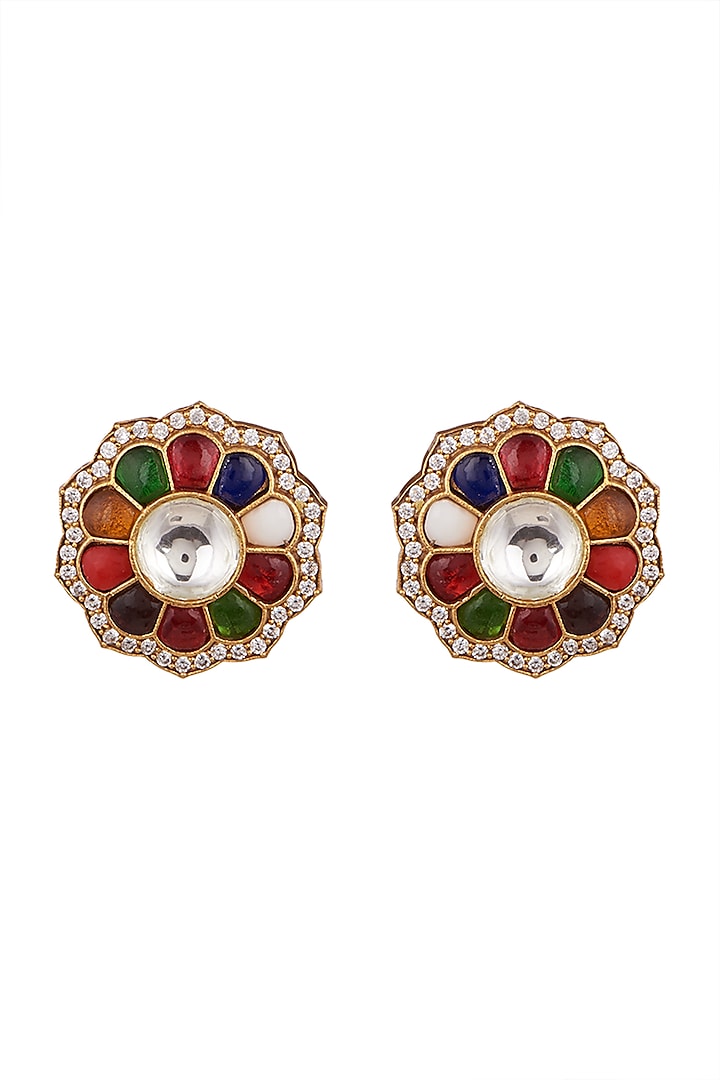Gold Finish Zircon & Navratna Stone Earrings by VASTRAA Jewellery