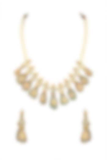Gold Finish Kundan Polki & Green Beaded Necklace Set by VASTRAA Jewellery