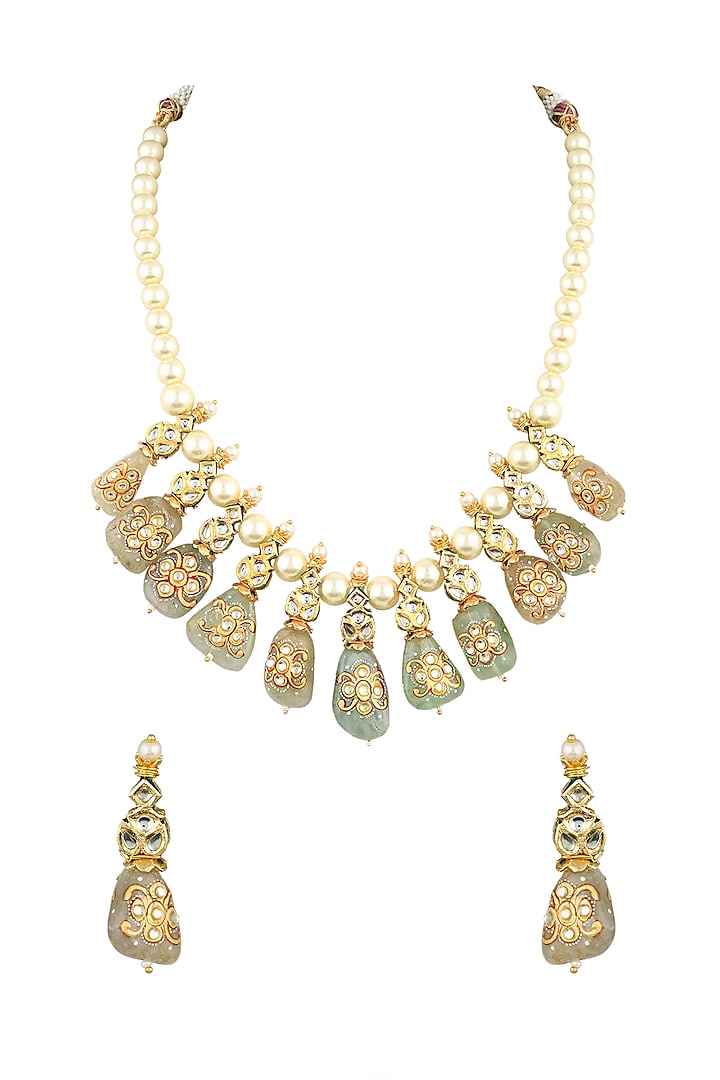 Gold Finish Kundan Polki & Green Beaded Necklace Set by VASTRAA Jewellery at Pernia's Pop Up Shop