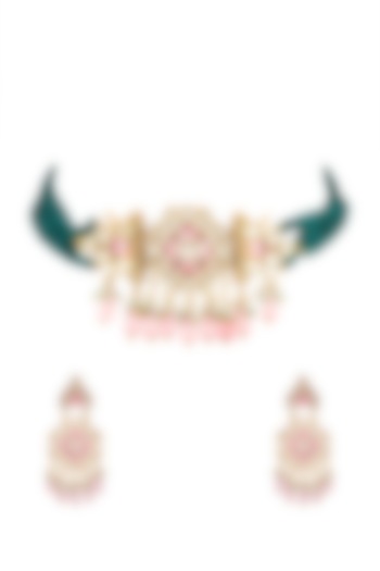 Gold Finish Kundan Polki & Green Tumble Beaded Meenakari Choker Necklace Set by VASTRAA Jewellery