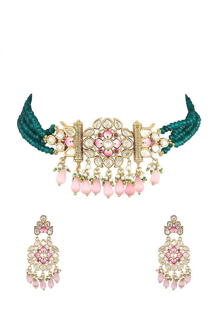 Gold Finish Kundan Polki & Green Tumble Beaded Meenakari Choker Necklace Set by VASTRAA Jewellery