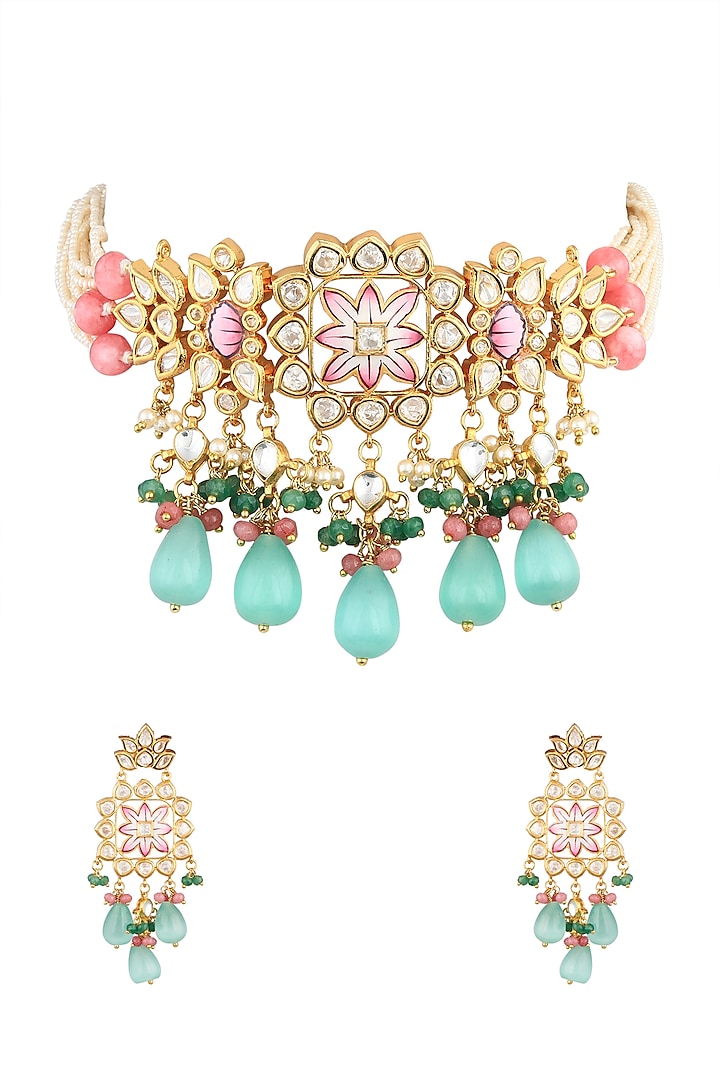 Gold Finish Kundan Polki Beaded Meenakari Choker Necklace Set by VASTRAA Jewellery