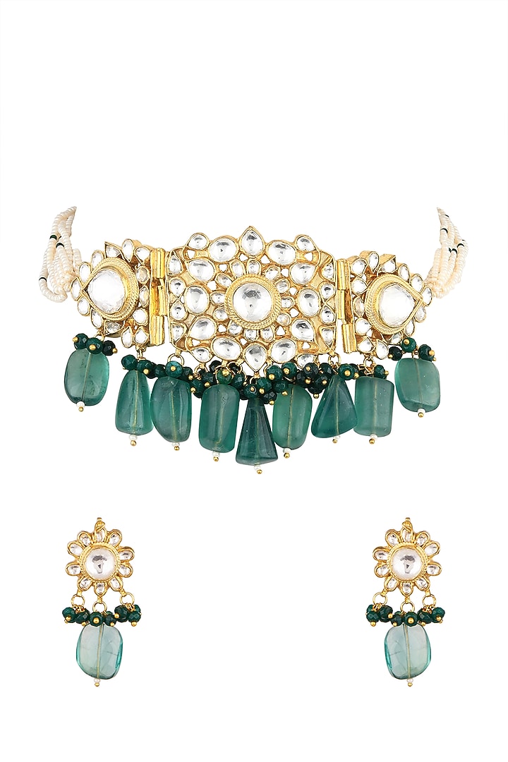 Gold Finish Kundan Polki & Pearl Choker Necklace Set by VASTRAA Jewellery at Pernia's Pop Up Shop