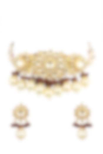 Gold Finish Faux Pearl & Kundan Polki Choker Necklace Set by VASTRAA Jewellery