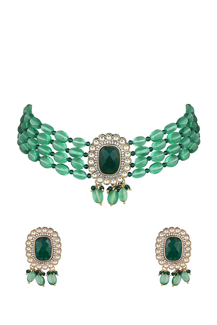 Gold Finish Kundan Polki & Green Beaded Choker Necklace Set by VASTRAA Jewellery at Pernia's Pop Up Shop