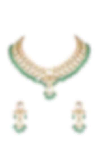 Gold Finish Kundan Polki & Green Stone Necklace Set by VASTRAA Jewellery