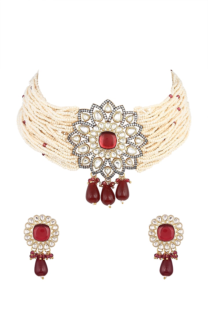 Gold Finish Kundan Polki & Red Stone Choker Necklace Set by VASTRAA Jewellery
