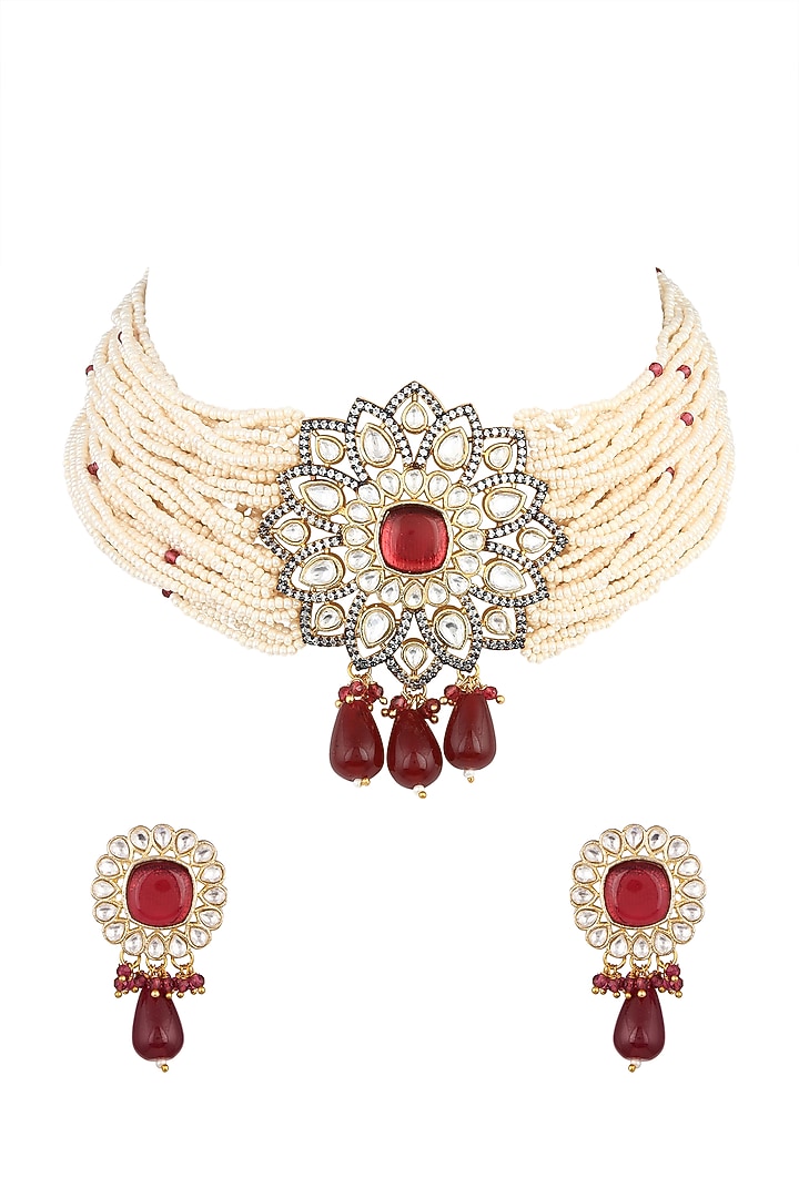Gold Finish Kundan Polki & Ruby Stone Choker Necklace Set 

 by VASTRAA Jewellery at Pernia's Pop Up Shop