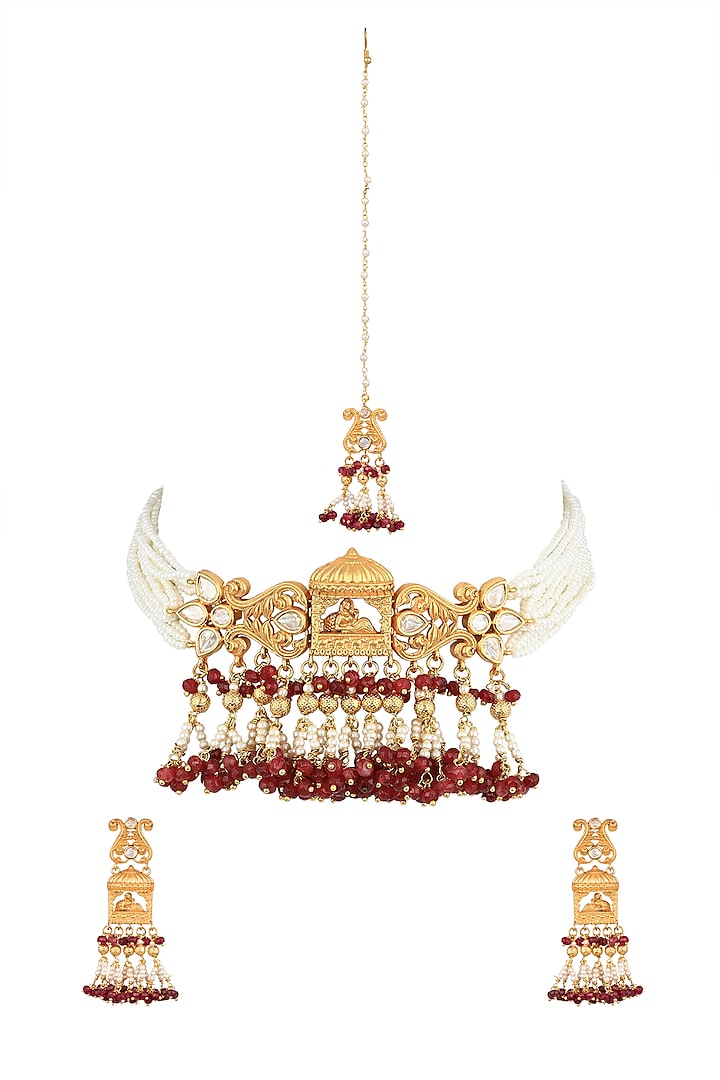 Gold Finish Kundan Polki & Red Stone Choker Necklace Set by VASTRAA Jewellery