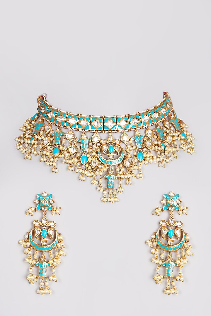 Gold Finish Pearl & Kundan Polki Necklace Set by VASTRAA Jewellery at Pernia's Pop Up Shop