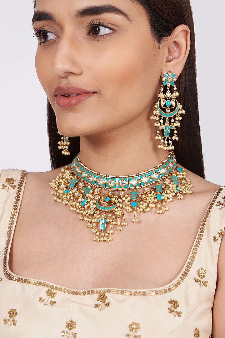 Gold Finish Pearl & Kundan Polki Necklace Set by VASTRAA Jewellery at Pernia's Pop Up Shop