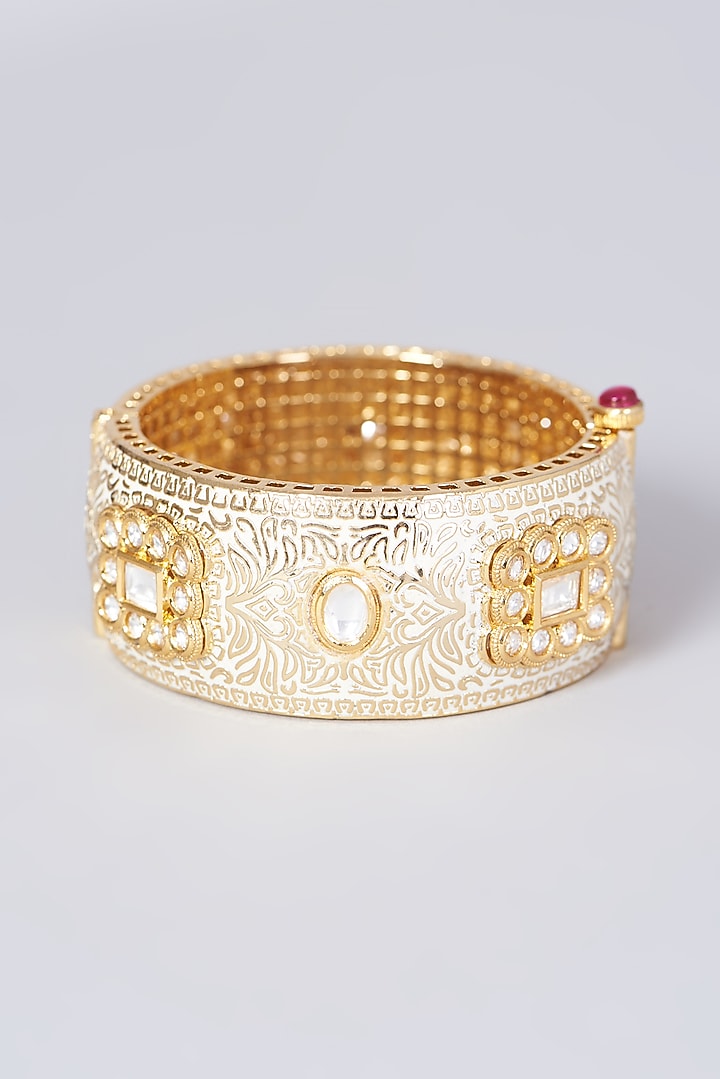Gold Finish Kundan Polki Meenakari Bangle by VASTRAA Jewellery at Pernia's Pop Up Shop