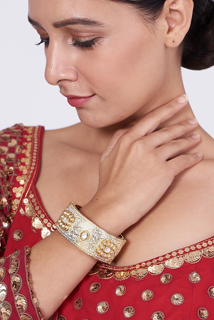 Gold Finish Kundan Polki Meenakari Bangle by VASTRAA Jewellery