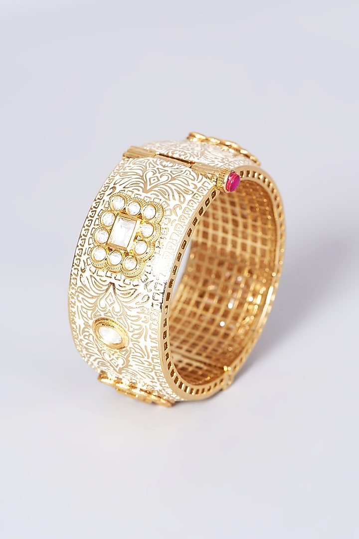 Gold Finish Kundan Polki Meenakari Bangle by VASTRAA Jewellery at Pernia's Pop Up Shop