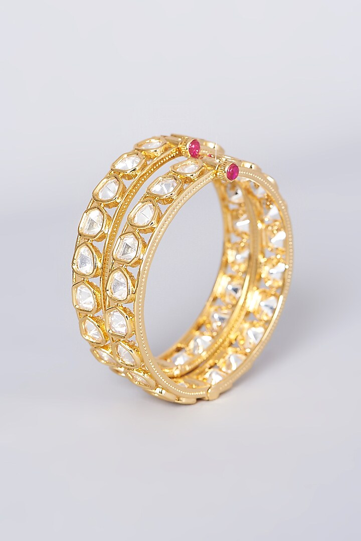 Gold Finish Kundan Polki Openable Bangles (Set of 2) by VASTRAA Jewellery at Pernia's Pop Up Shop