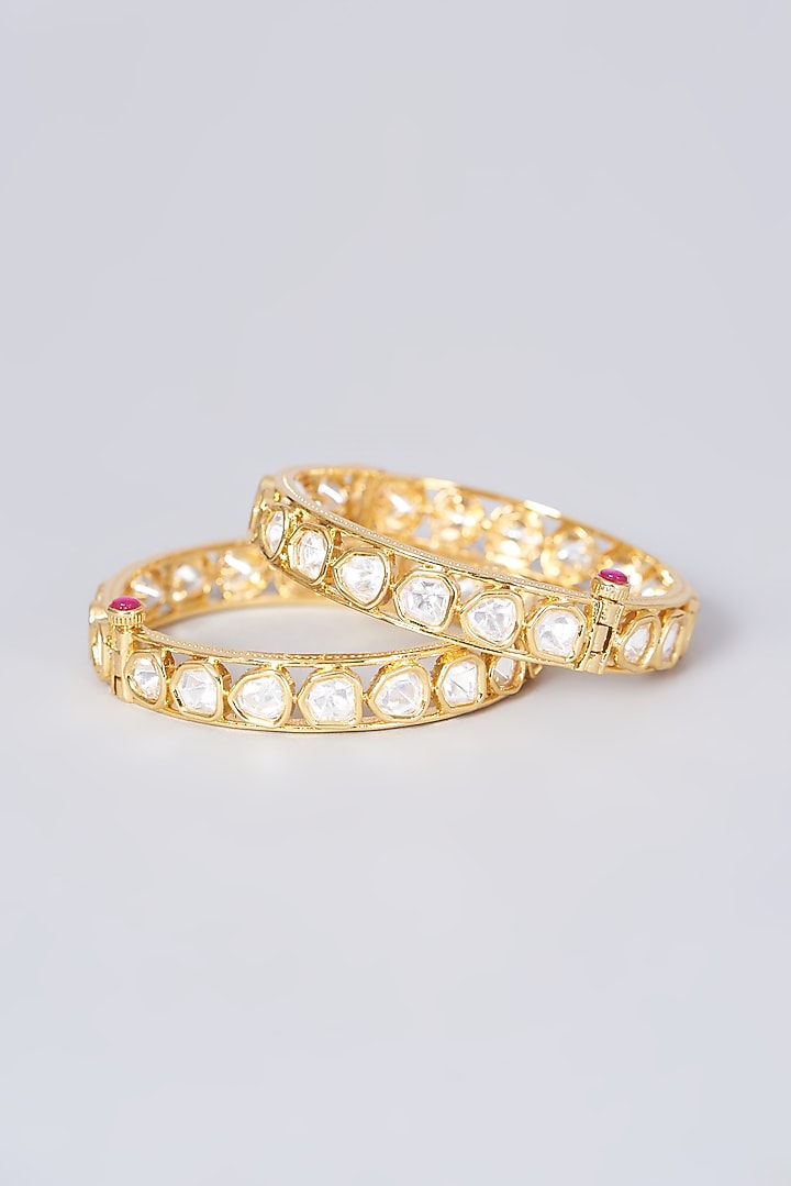 Gold Finish Kundan Polki Openable Bangles (Set of 2) by VASTRAA Jewellery at Pernia's Pop Up Shop