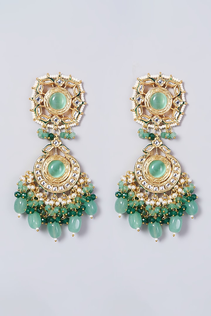 Gold Finish Kundan Polki & Green Beaded Dangler Earrings by VASTRAA Jewellery at Pernia's Pop Up Shop