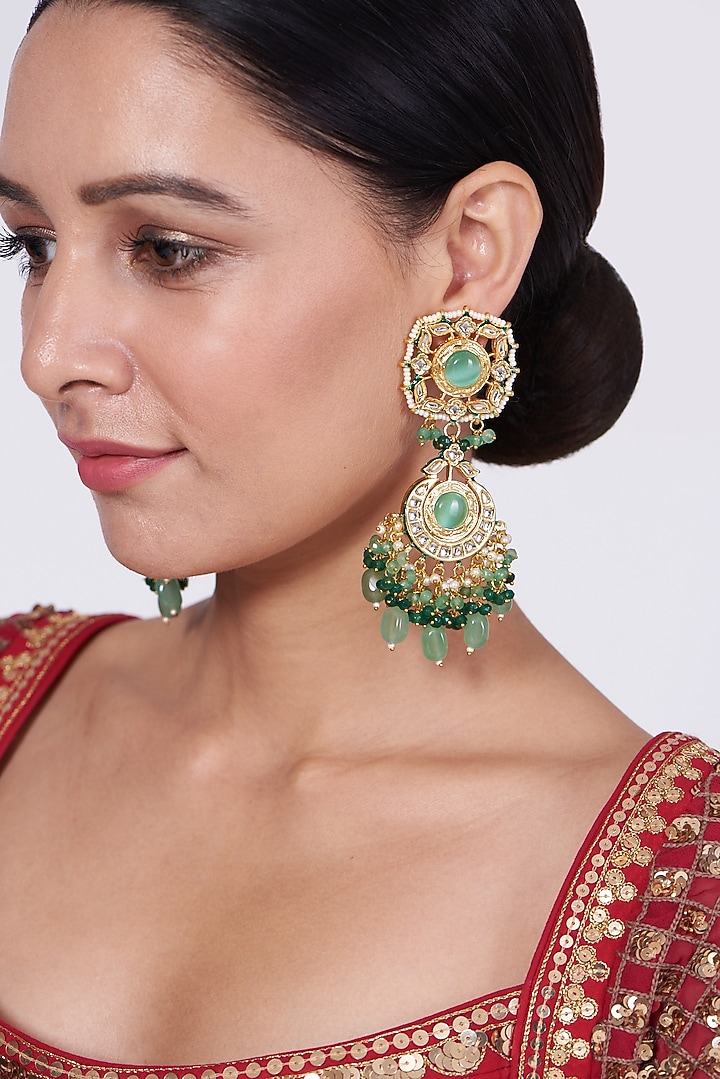Gold Finish Kundan Polki & Green Beaded Dangler Earrings by VASTRAA Jewellery at Pernia's Pop Up Shop